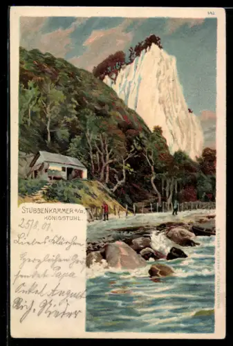 Lithographie Stubbenkammer a. Rügen, Königsstuhl mit Strand