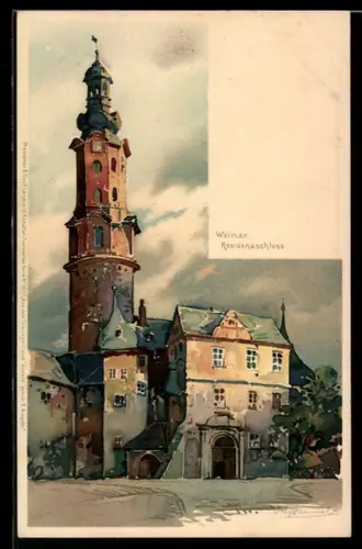 Lithographie Weimar, Blick zum Residenzschloss