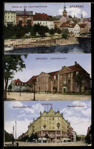 AK Berlin-Spandau, Charlottenbrücke, Lehrerseminar, Schönwalderstrasse, Neuendorferstrasse