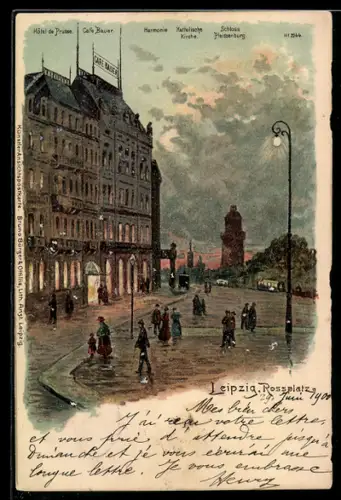 Lithographie Leipzig, Hôtel de Prusse, Café Bauer, Rossplatz