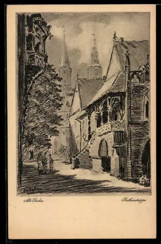 Künstler-AK Goslar, Rathaustreppe in der Altstadt