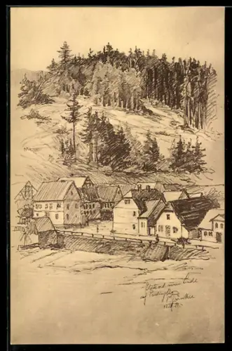 Künstler-AK Paulinzella, Blick auf die Dorfstrasse