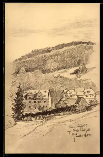 Künstler-AK Paulinzella, Blick auf das fürstliche Jagdschloss und Gasthaus Menger