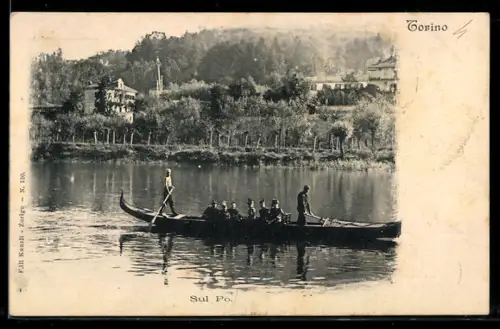 AK Torino, Gondola sul fiume Po con paesaggio collinare sullo sfondo