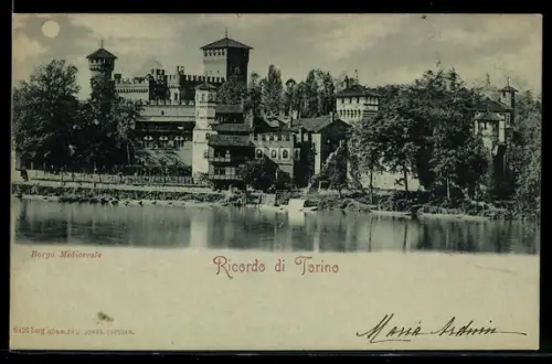 Mondschein-AK Torino, Borgo Medievale visto dal fiume Po