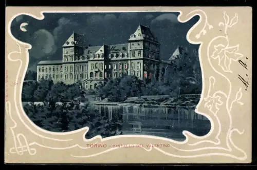 AK Torino, Castello del Valentino di notte con riflessi sul fiume