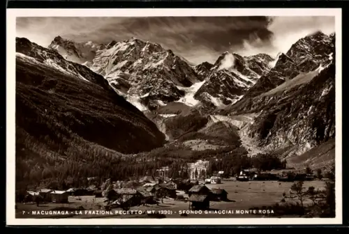 AK Macugnaga, La frazione Pecetto, sfondo ghiacciai Monte Rosa