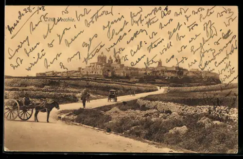 AK Città Vecchia, Veduta panoramica con carro trainato da cavallo e campi circostanti