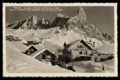 AK Passo di Rolle /Dolomiti, Albergo Passo Rolle verso il Gruppo del Cimone della Pala