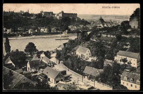 AK Posta-Pirna, Ortsansicht mit Elbe und Schloss