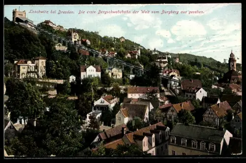 AK Loschwitz bei Dresden, Erste Bergschwebebahn der Welt vom Burgberg aus gesehen