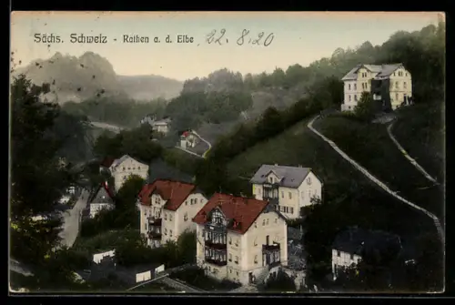 AK Rathen a. d. Elbe, Wohnhäuser im Tal und am Hang in der Sächsischen Schweiz