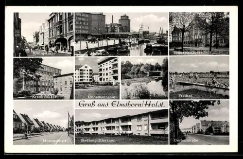 AK Elmshorn /Holst., Königstrasse, Krankenhaus, Bismarck-Oberschule