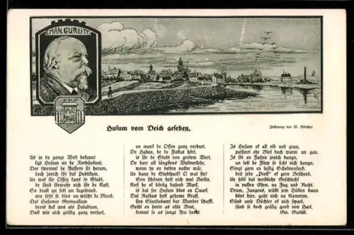 AK Husum, Hafenansicht und Porträt Emanuel Gurlitt, Gedicht