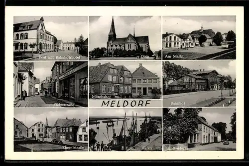 AK Meldorf, Dom, Markt, Bahnhof, Hafen, Post mit Bahnhofshotel