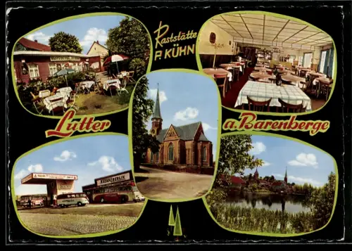 AK Lutter a. Barenberge, Raststätte F. Kühn, Inhaberin Franziska Kraus, Kirche, Teichansicht
