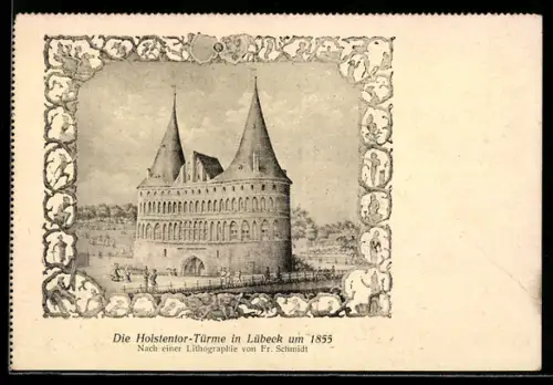 Künstler-AK Lübeck, Holstentor-Türme um 1855