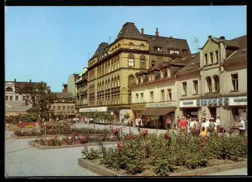 AK Aue, Altmarkt, Geschäftshäuser, Blumenbeete, Kurzwarengeschäft