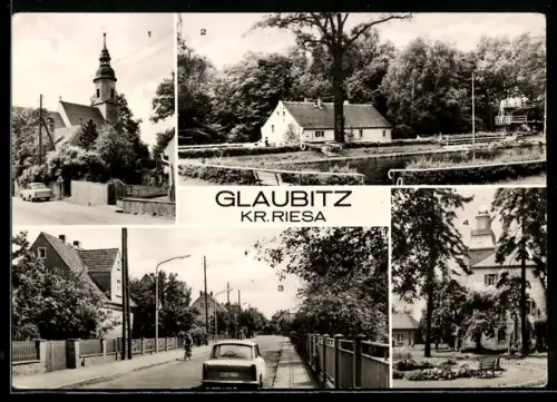 AK Glaubitz /Riesa, Kirche, Waldbad, Bahnhofsstrasse, FDGB-Diätsanatorium