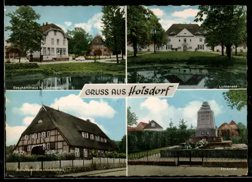 AK Hoisdorf, Geschäftshaus H. Diekmann, Schullandheim Holstentor, Ehrenmal, Lichtensee