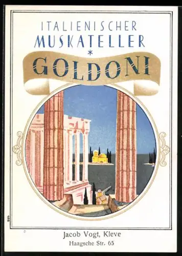 Getränkeetikett Jacob Vogt, Kleve, Italienischer Muskateller Goldoni, Wein