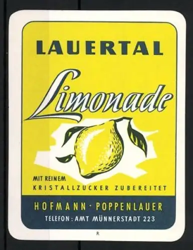 Getränkeetikett Hofmann und Poppenlauer, Lauertal Limonade, Reife Zitrone an einem Zweig
