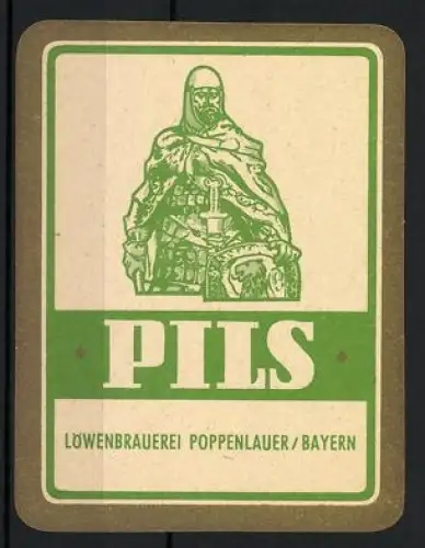 Getränkeetikett Löwenbrauerei Poppenlauer, Bayern, Bier, Gerüsteter Soldat mit Schwert und Schild mit Löwenwappen