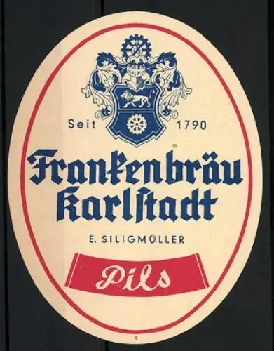 Getränkeetikett Frankenbräu, E. Siligmüller, Karlstadt, Pils, Logo mit gekröntem Löwen