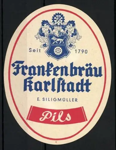 Getränkeetikett Frankenbräu, E. Siligmüller, Karlstadt, Pils, Logo mit gekröntem Löwen
