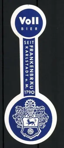 Getränkeetikett Frankenbräu, Karlstadt a. M., Vollbier, Wappen mit gekröntem Löwen und Zahnrad