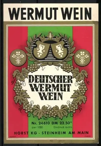 Getränkeetikett Wermut Wein, Wappen mit Gläsern und Weinreben