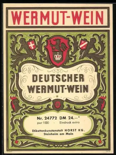 Getränkeetikett Wermut Wein, Wappen mit Greif und Krone