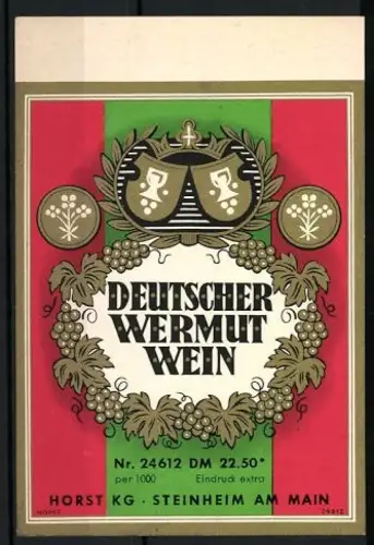 Getränkeetikett Wermut Wein, Wappen mit Glas und Weinreben
