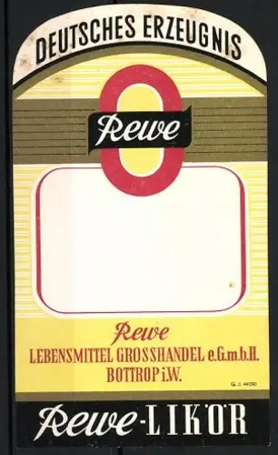 Getränkeetikett Rewe, Bottrop i. W., Likör, Rewe-Logo