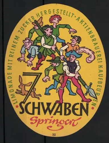 Getränkeetikett Aktienbrauerei Kaufbeuren, Schwaben Springer Limonade, Menschengruppe mit Speer