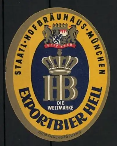 Getränkeetikett Hofbräuhaus, München, Exportbier, Bayerisches Wappen