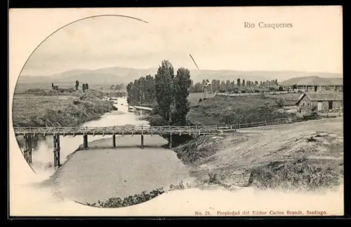 AK Chile, Rio Cauquenes, Flusspartie mit Brücke