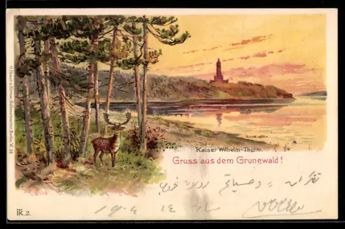 Lithographie Grunewald, Blick Kaiser-Wilhelm-Thurm, Waldlandschaft an der Havel, Hirsch