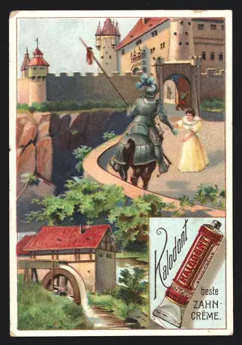 Sammelbild Wien, Kalodont, Zahncreme, Ritter zu Pferde auf der Burg, Wassermühle