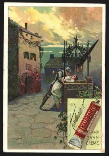 Sammelbild Wien, Kalodont, Zahncreme, Ritter wirft seine Frau in den Mühlbrunnen hinab