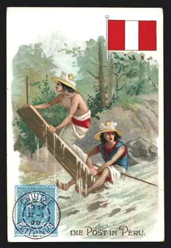 Sammelbild Weilheim, Ludw. Kalb, Hercules-Stoffefarben, Peruanische Flagge und Post in Peru