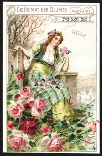 Sammelbild Heerdt /Düsseldorf, Remy`s Reis-Stärke, Fabrikmarke Löwenkopf, Persien, Rose