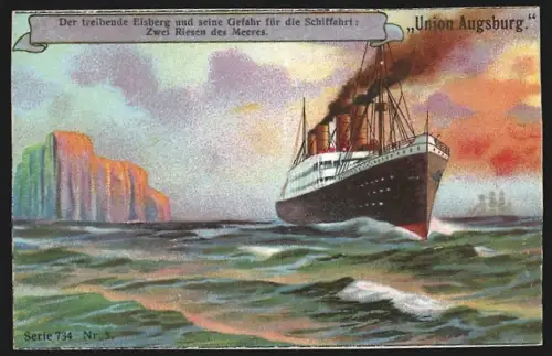 Sammelbild Augsburg, Union Augsburg, Kavalier Lederputz-Creme, Passagierschiff und Eisberge