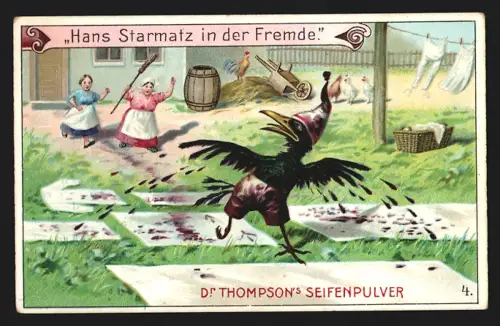 Sammelbild Dr. Thompson`s Seifenpulver, Hans Starmatz in der Fremde, Frauen verjagen Raben
