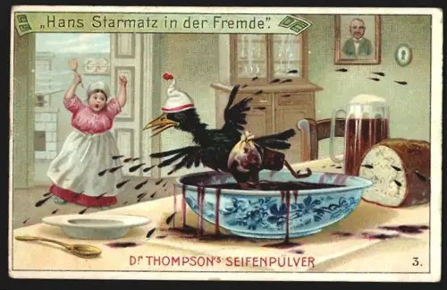 Sammelbild Dr. Thompson`s Seifenpulver, Hans Starmatz in der Fremde, entsetzte Hausfrau