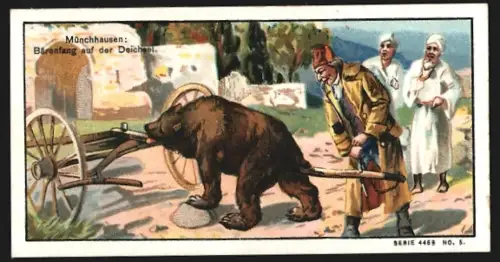 Sammelbild Dahme /Mark, Chemische Fabrik Borsyl, Borsyl-Kinderpuder, Münchhausen, Bärenfang auf der Deichsel