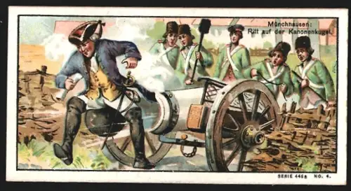 Sammelbild Dahme /Mark, Chemische Fabrik Borsyl, Borsyl-Kinderpuder, Münchhausen, Ritt auf der Kanonenkugel