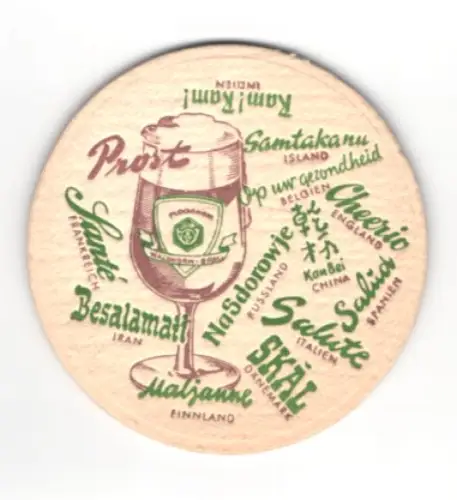 Bierdeckel Plochingen, Plochinger Walhorn-Bräu, C. Endriss, Glas mit Prost in verschiedenen Sprachen