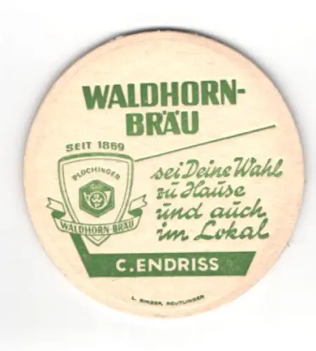 Bierdeckel Plochingen, Plochinger Walhorn-Bräu, C. Endriss, Wappen, Glas mit Logo