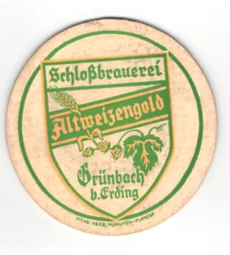 Bierdeckel Grünbach b. Erding, Schlossbrauere Altweizengold, Weizenähre, Wappen
